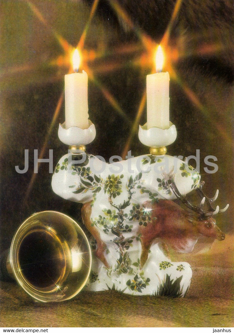 Hirschleuchter - Deer chandelier - porcelain - Porzellan Museum Meissen - DDR Germany - unused - JH Postcards