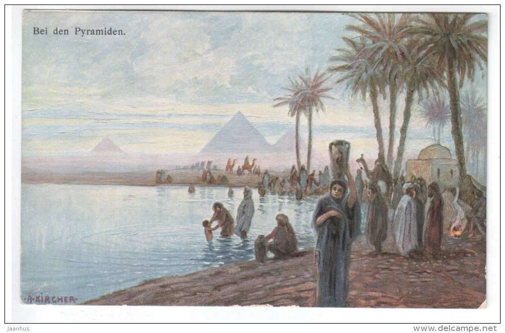 illustration by A. Kircher - Bei den Pyramiden - pyramids - camel - K. & B. D. 1485 - Egypt - old postcard - unused - JH Postcards