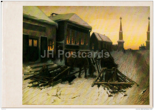 painting by V. Perov - Last Tavern at Town Gate , 1868 - horse sledge - Russian art - 1985 - Russia USSR - unused - JH Postcards