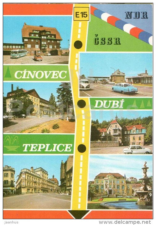 Teplice - hotel Thermia - stone spa - Dubi - hotel Sport - Cinovec - hotel Pomezi - bus Czechoslovakia - Czech - unused - JH Postcards