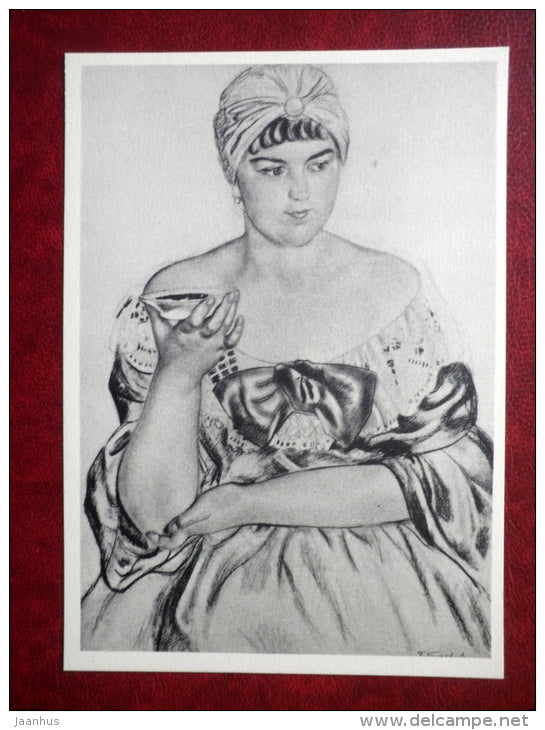 Merchant`s Wife at Tea  , 1918, etude by M. Kustodiev - russian art - unused - JH Postcards