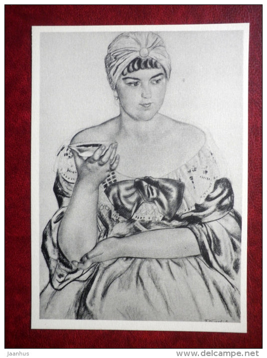 Merchant`s Wife at Tea  , 1918, etude by M. Kustodiev - russian art - unused - JH Postcards