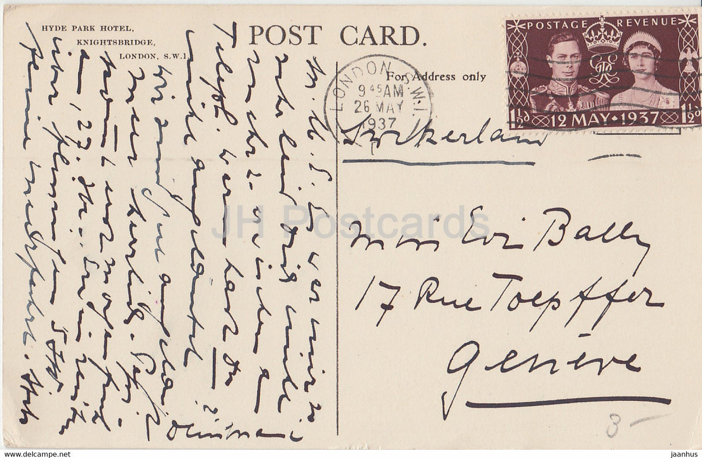 London - Hyde Park Hotel - Knightsbridge - old postcard - 1937 - England - United Kingdom - used