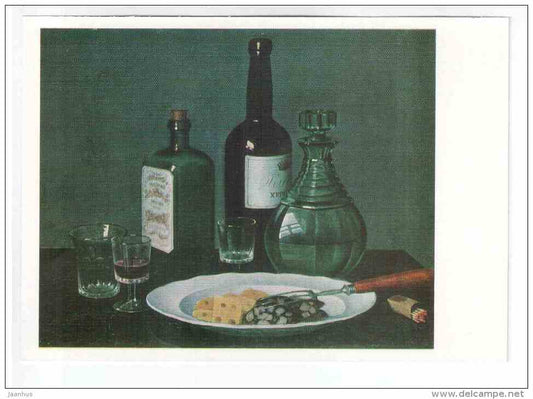 painting by Volkov - Still Life - still life - wine bottle - cheese - matches - russian art - unused - JH Postcards