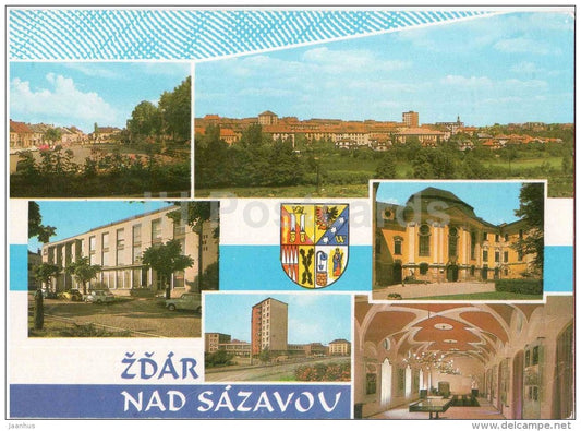 Zdar nad Sazavou - Gottwald square - hotel Bily lev - museum of books - Czechoslovakia - Czech - unused - JH Postcards