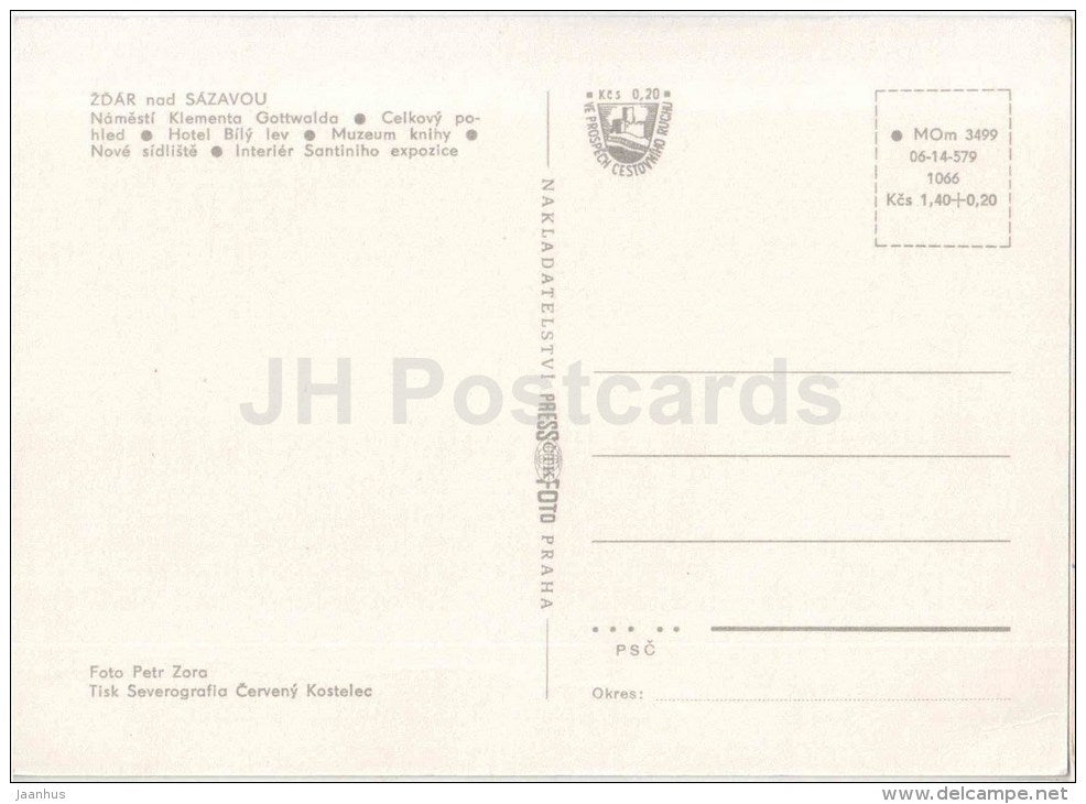 Zdar nad Sazavou - Gottwald square - hotel Bily lev - museum of books - Czechoslovakia - Czech - unused - JH Postcards
