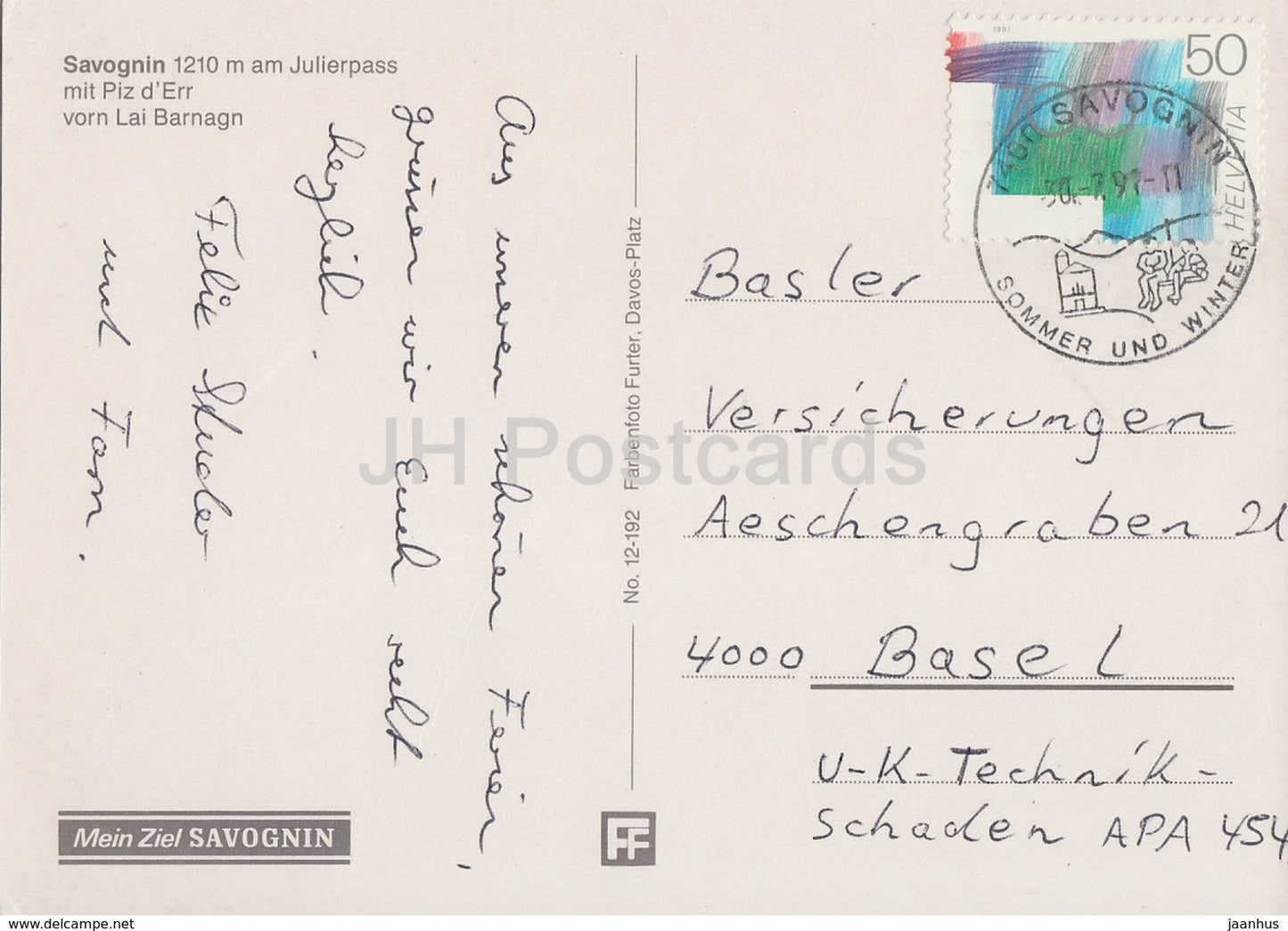 Savognin 1210 m am Julierpass mit Piz d'Err vorn Lai Barnagn - 1997 - Suisse - occasion