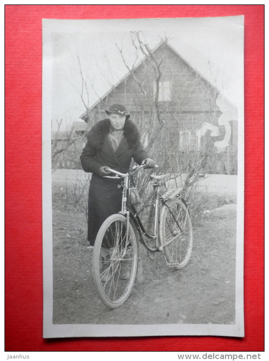 estonian lady - bicycle - old photo postcard - Estonia - unused - JH Postcards