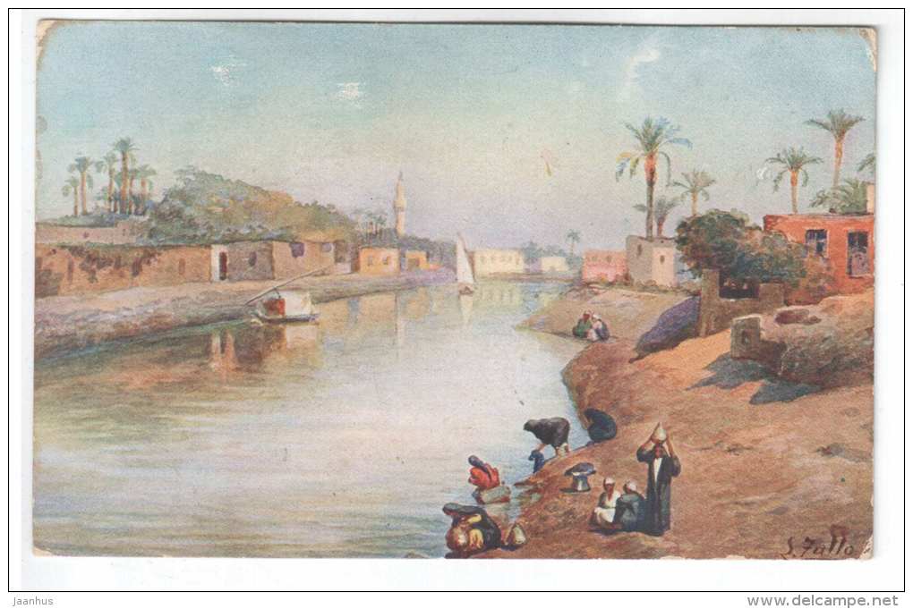illustration by L. Zullo - arab women - river - boat - 1944 - Egypt - old postcard - used - JH Postcards