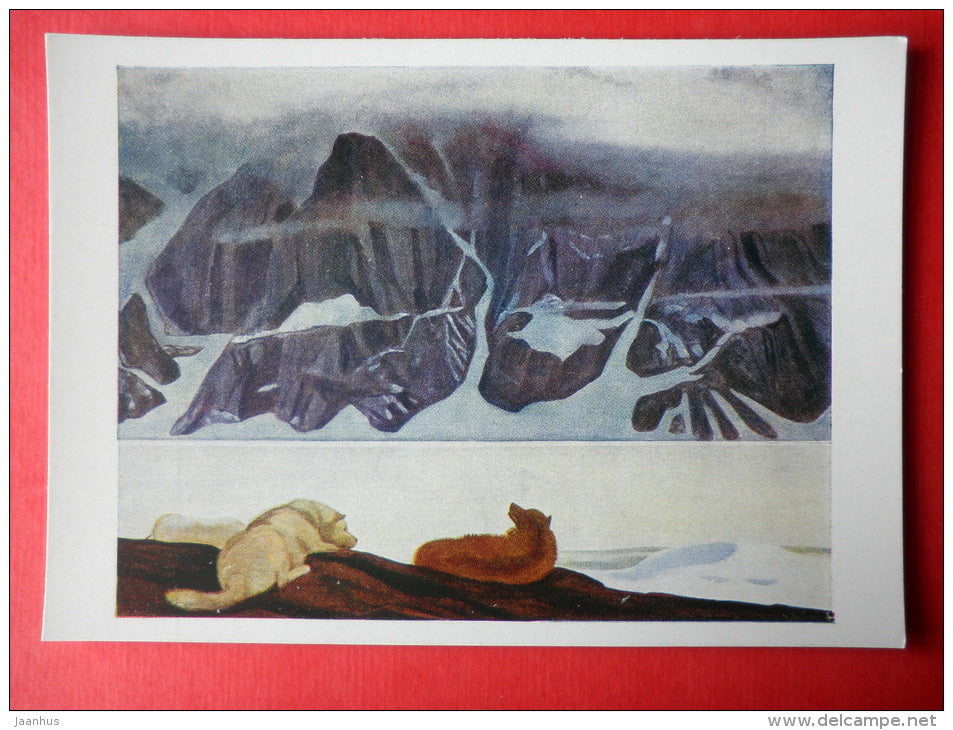 painting by Rockwell Kent - Dogs in Kangerdlugssuaq Fjord . Greenland . 1932-1933 - art of USA - unused - JH Postcards