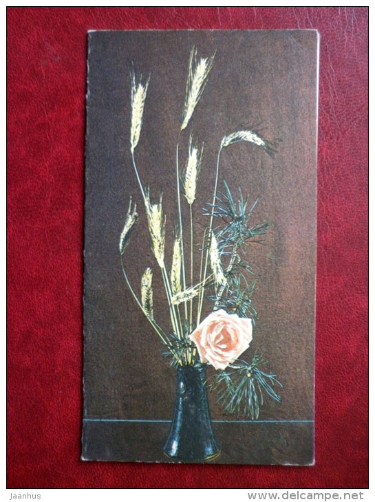 New Year Greeting card - pink rose - 1983 - Estonia USSR - used - JH Postcards