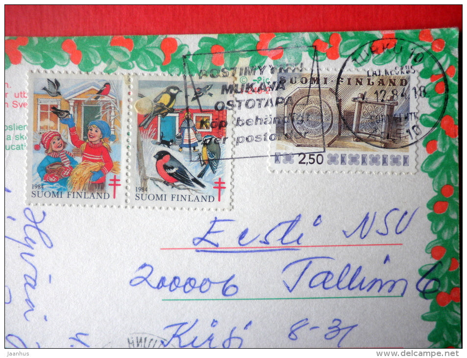 Christmas Greeting Card by Anne Rooslien - children - mash - Finland - sent from Finland Turku to Estonia USSR 1984 - JH Postcards
