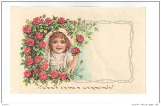 Birthday Greeting Card - girl - roses - REPRODUCTION ! - 1992 - Estonia USSR - used - JH Postcards