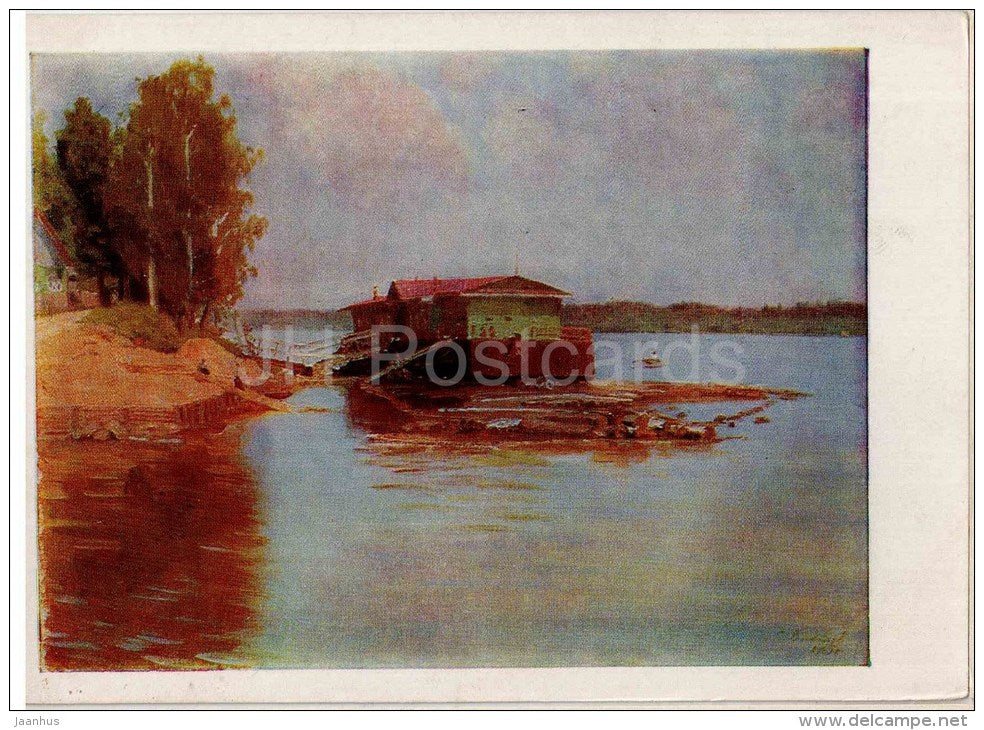 painting by S. Viktorov - Lunevo . Volga river - russian art - unused - JH Postcards