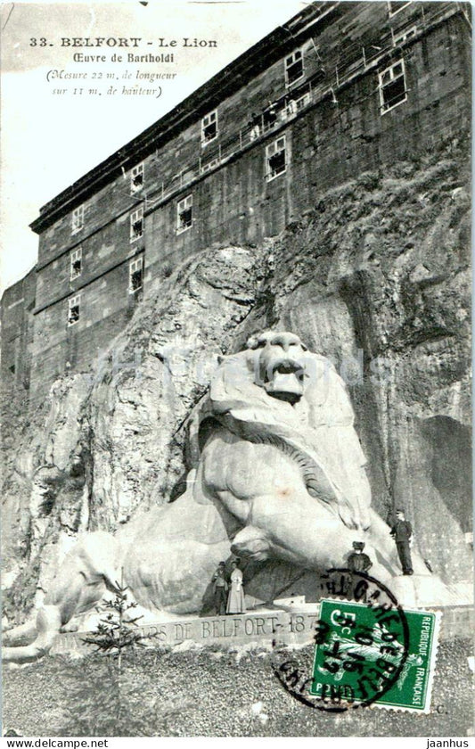 Belfort - Le Lion - Euvre de Bartholdi - animals - lion - 33 - old postcard - 1908 - France - used - JH Postcards