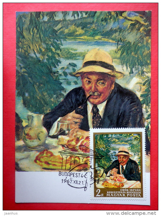 Maximum Card - painting by Csok Istvan , Godfather`s Breakfast - pipe - 1967 - Hungary - unused - JH Postcards