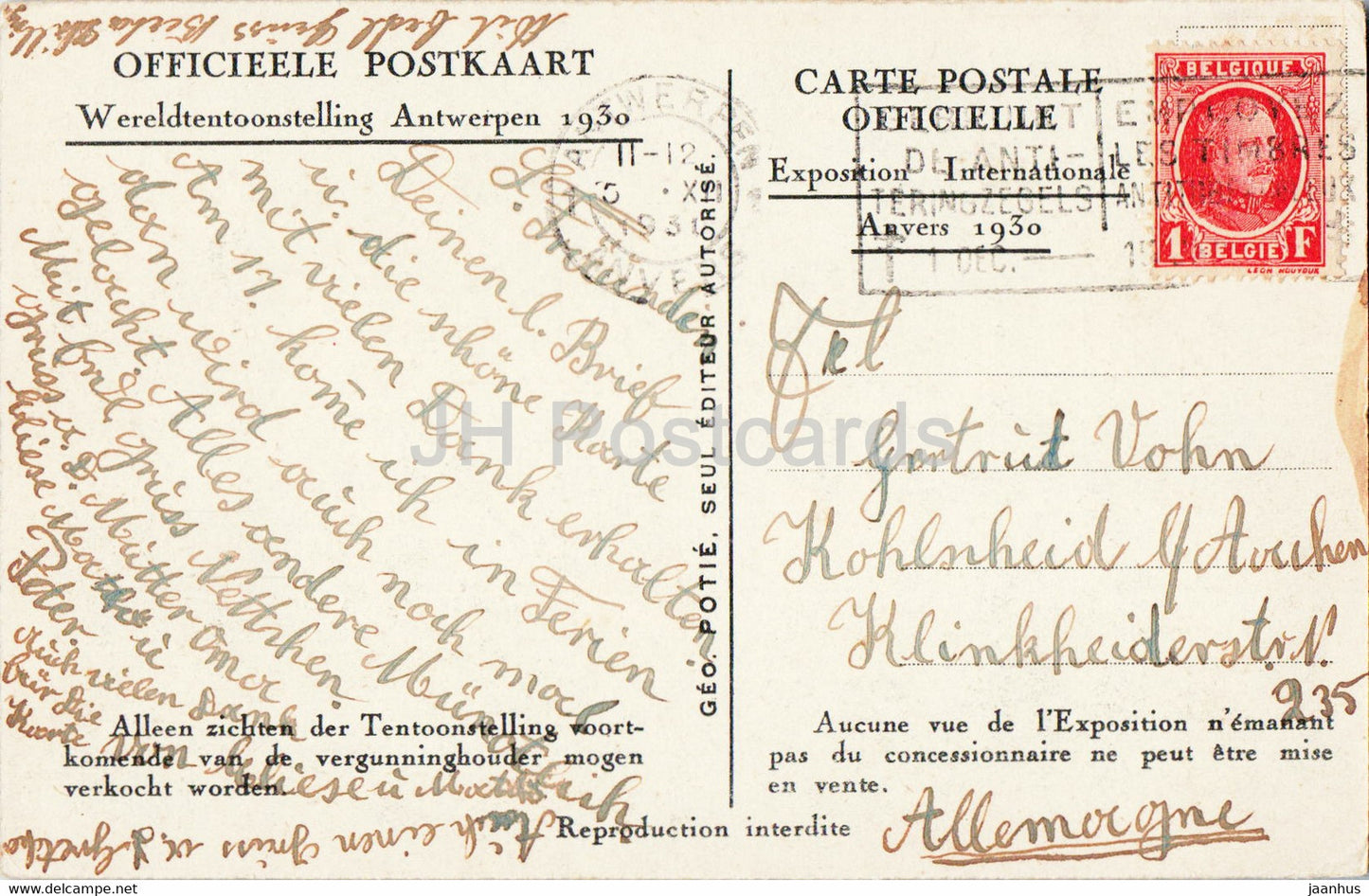 Anvers - Anvers - Paviljoen der Stad Antwerpen - carte postale ancienne - 1930 - Belgique - utilisé