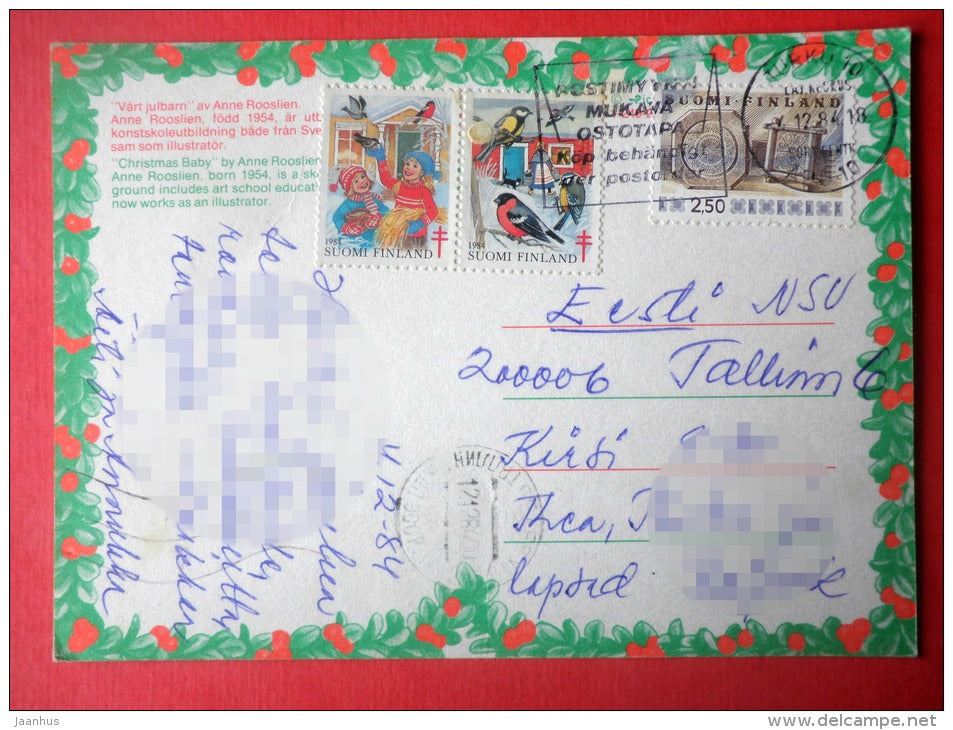 Christmas Greeting Card by Anne Rooslien - children - mash - Finland - sent from Finland Turku to Estonia USSR 1984 - JH Postcards