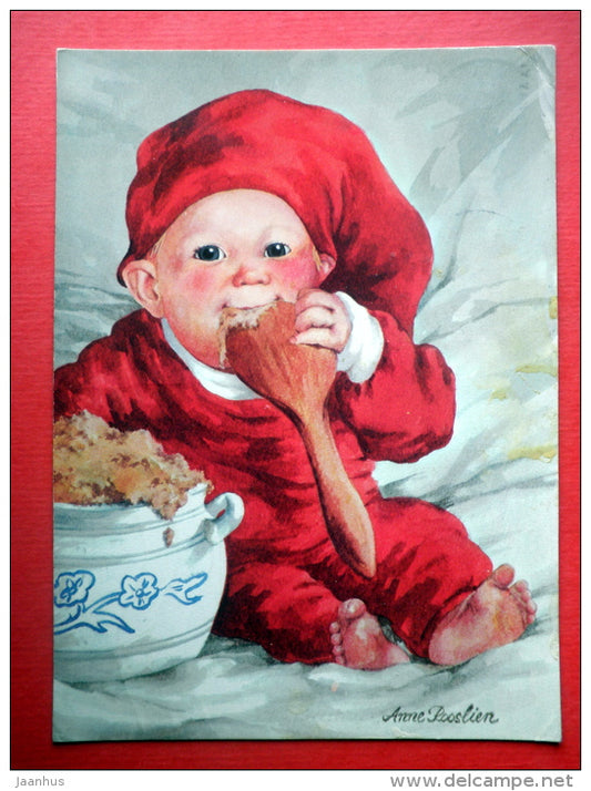 Christmas Greeting Card by Anne Rooslien - children - mash - Finland - sent from Finland Turku to Estonia USSR 1984 - JH Postcards