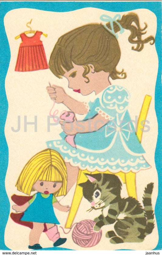 illustration by M. Fuks - Day of Triinu - sewing - cat - children - 1975 - Estonia USSR - unused - JH Postcards