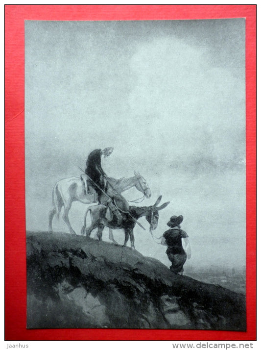 illustration by Kukryniksy - Homecoming , 1947 - Don Quixote - Sancho Panza - horse - donkey - 1961 - Russia - unused - JH Postcards