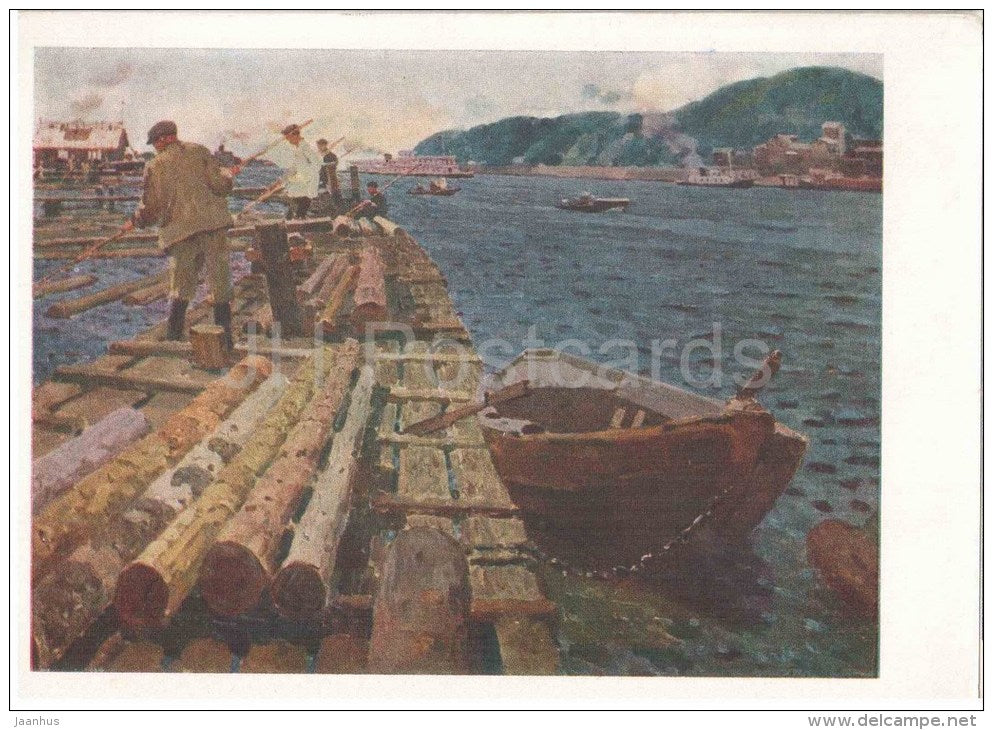painting by P. Kotov - On the Volga river - timber rafting - russian art - unused - JH Postcards