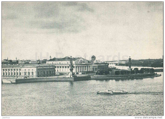 view of the Spit of Vasilyevsky Island - passenger boat - Leningrad - St. Petersburg - 1958 - Russia USSR - unused - JH Postcards