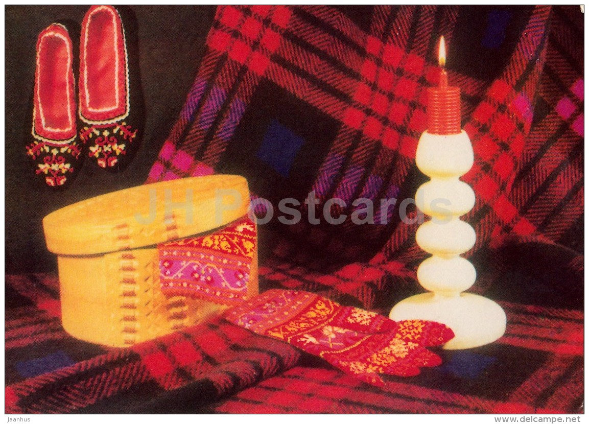 New Year greeting card - 3 - woven slippers - mittens - candle - national patterns - 1975 - Estonia USSR - used - JH Postcards