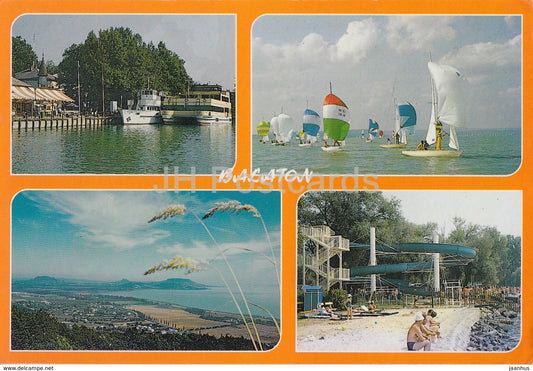 Greetings from Balaton - sailing boat - beach - multiview - 1989 - Hungary - used - JH Postcards