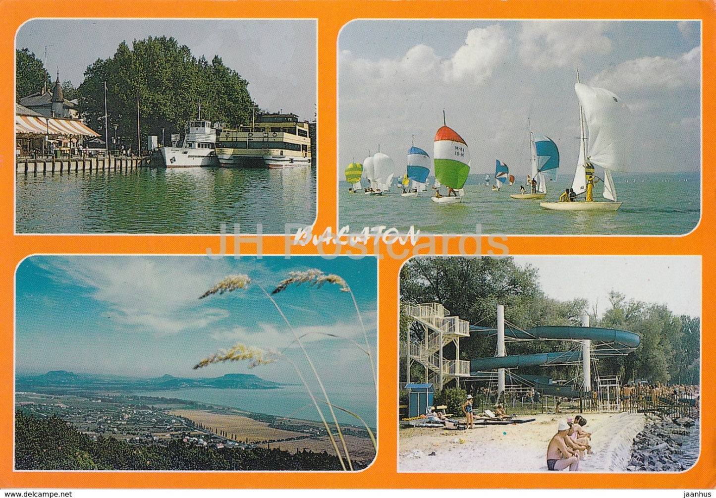 Greetings from Balaton - sailing boat - beach - multiview - 1989 - Hungary - used - JH Postcards
