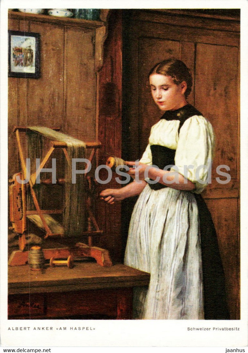 painting by Albert Anker - Am Haspel - Spinners Wiesel - Swiss art - 1956 - Switzerland - used - JH Postcards