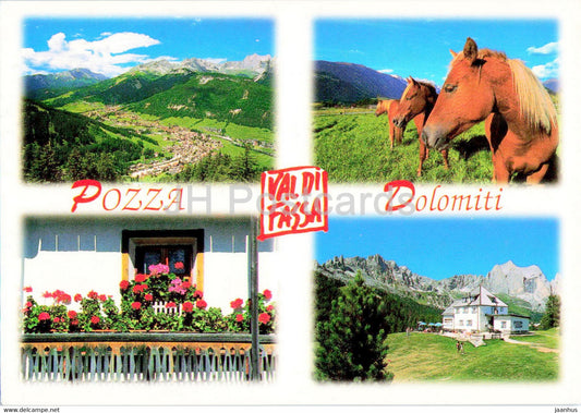 Val di Fassa - Pozza - Dolomiti - Panorama - Rif Ciampedie - horse - multiview - 2003 - Italy - used - JH Postcards