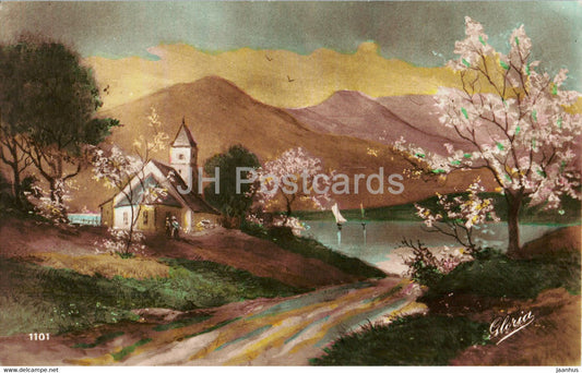illustration - church - landscape - 1101 - Gloria - old postcard - 1920 - France - used - JH Postcards