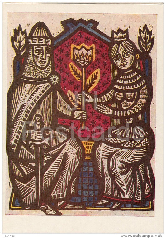 engraving by A. Makunaite - King and Queen - Soviet engraving - Lithuanian art - 1968 - Russia USSR - unused - JH Postcards