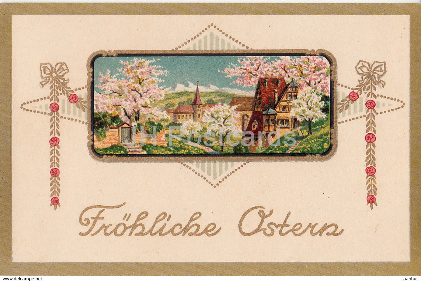Easter Greeting Card - Frohliche Ostern - town view - Grossor - old postcard - Switzerland - unused - JH Postcards