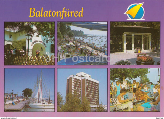 Balaton - Balatonfured - sailing boat - beach - hotel - multiview - Hungary - used - JH Postcards