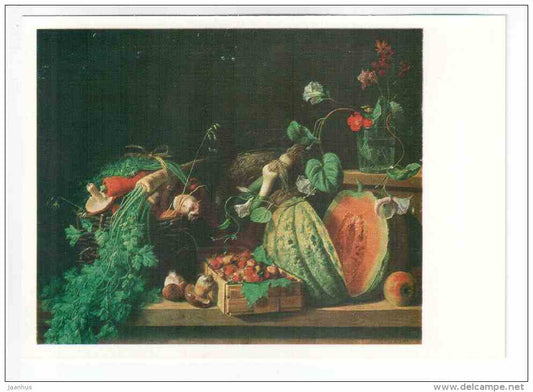 painting by I. Mikhailov - Vegetables and Fruit - still life - water melon - mushrooms - carrot - russian art - unused - JH Postcards