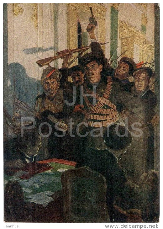 painting by Y. Reyner - Russian provisional government overthrow - revolutionaries - soldiers - russian art - unused - JH Postcards