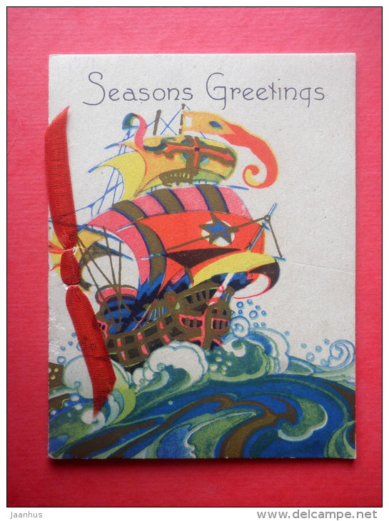 new year greeting card - Seasons Greetings - sailing ship - USA - circulated in Estonia 1934 - JH Postcards