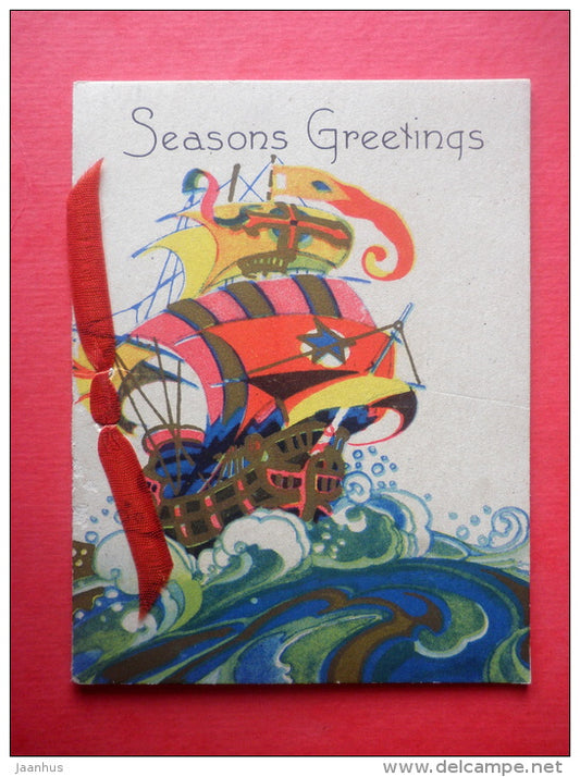 new year greeting card - Seasons Greetings - sailing ship - USA - circulated in Estonia 1934 - JH Postcards