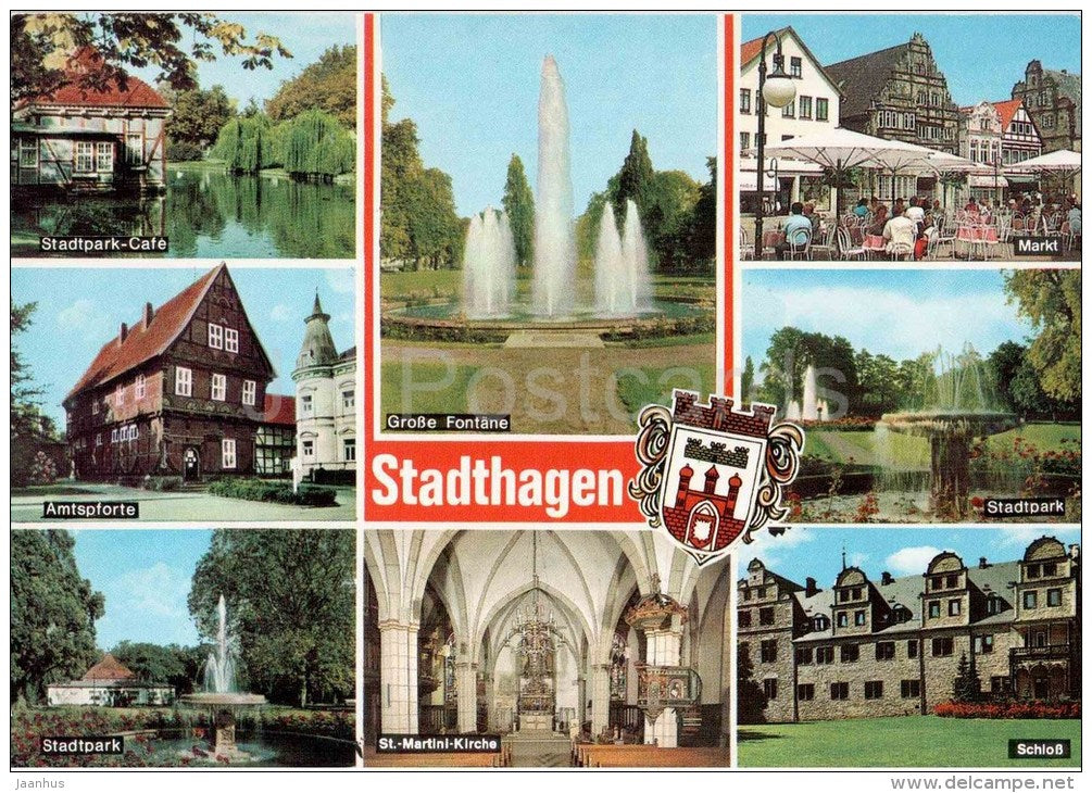 Stadthagen - Stadtpark-Cafe - Amtspforte - Stadtpark - Fontäne - Markt - Kirche - Sta 542  Germany - 1996 gelaufen - JH Postcards