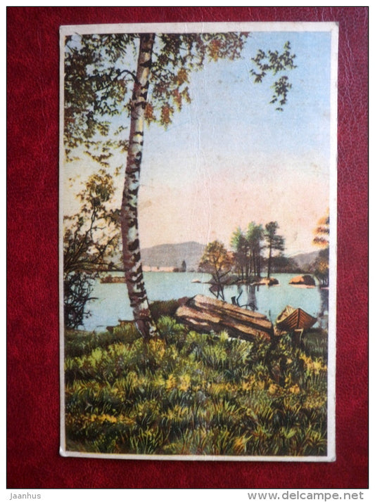 painting - lake - boat - birch tree - 89 - 1920s-1930s - Estonia - used - JH Postcards