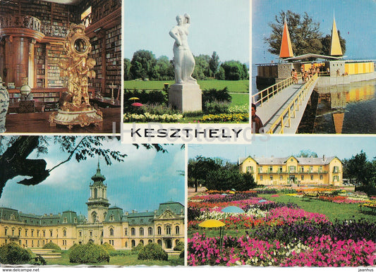 Keszthely - library - sculpture - architecture - multiview - 1975 - Hungary - used - JH Postcards
