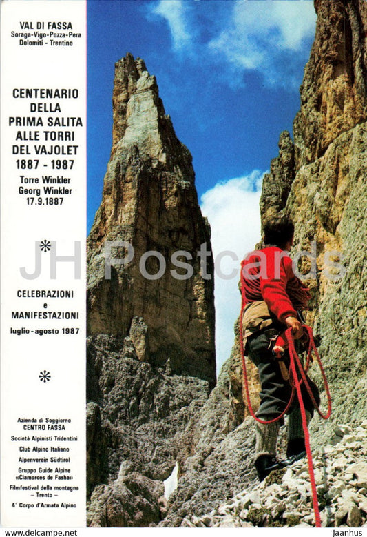 Val di Fassa - Centenario della Prima Salita Alle Torri del Vajolet - Winkler - mountaineering - Italy - unused - JH Postcards