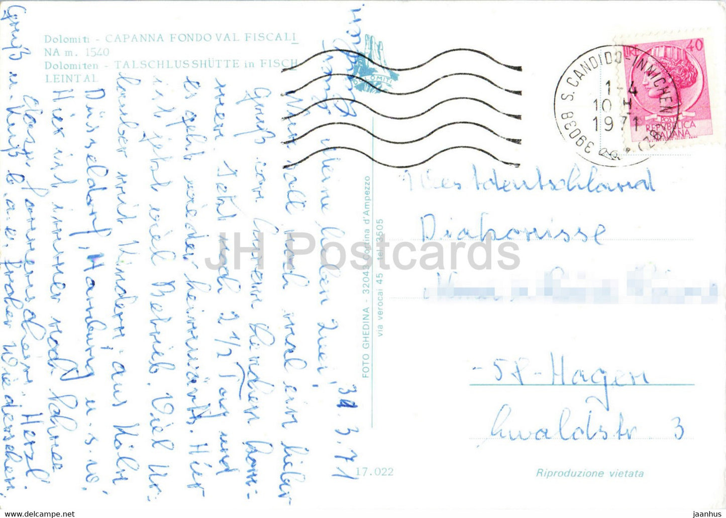 Dolomiti Capanna Fondo Val Fiscalina 1540 m - Talschlusshutte Fischleintal - 1971 - Italie - occasion