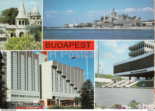 Budapest - castle - parliament - bus Ikarus - hotel - architecture - multiview - 1985 - Hungary - used - JH Postcards