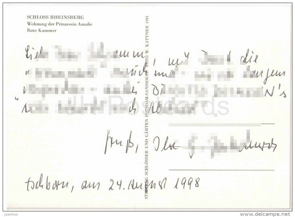 Schloss Rheinsberg - Wohnung der Prinzessin Amalie - Rote Kammer - castle - Germany - 1998 gelaufen - JH Postcards