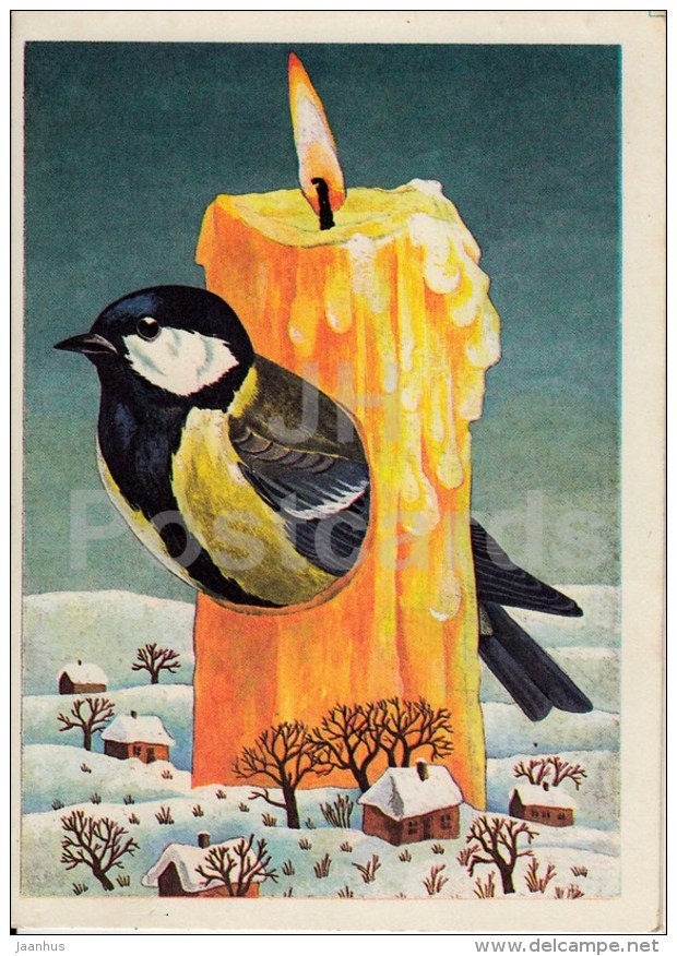 New Year Greeting card by J. Tammsaar - 1 - tit - bird - candle - houses - 1986 - Estonia USSR - used - JH Postcards