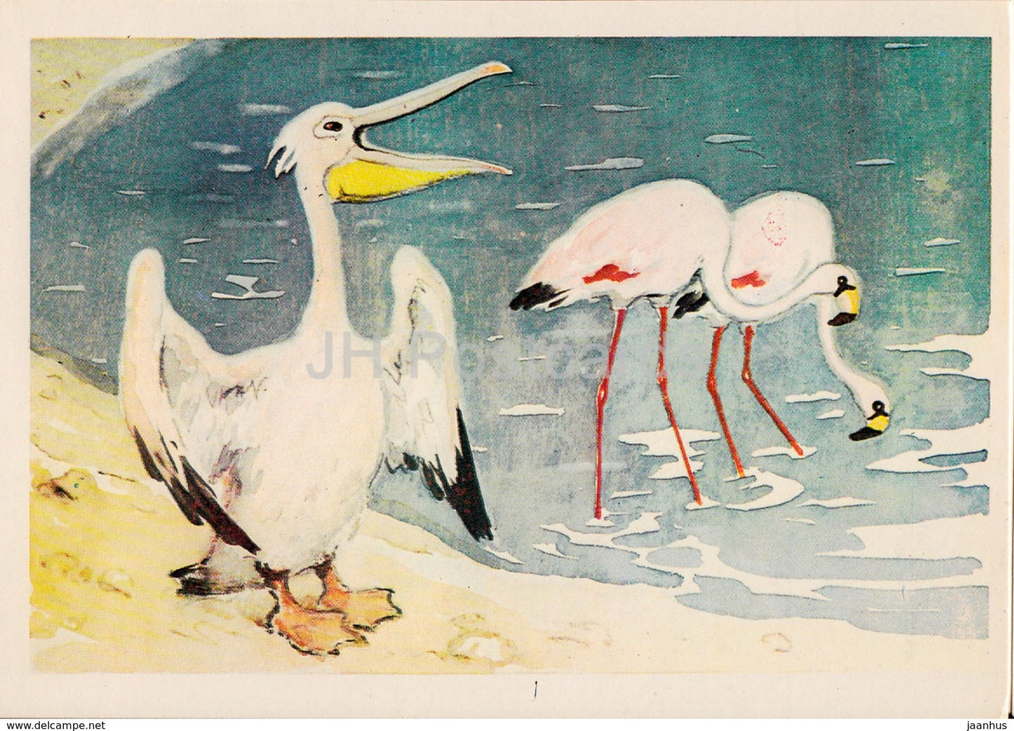 illustration by L. Gamburger - pelican - flamingo - animals - Postcards for Children - 1984 - Russia USSR - unused - JH Postcards