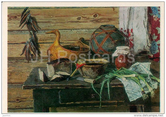 painting by V. Stozharov - Bowl with Kvass . Still Life , 1965 - Russian art - Russia USSR - 1982 - unused - JH Postcards